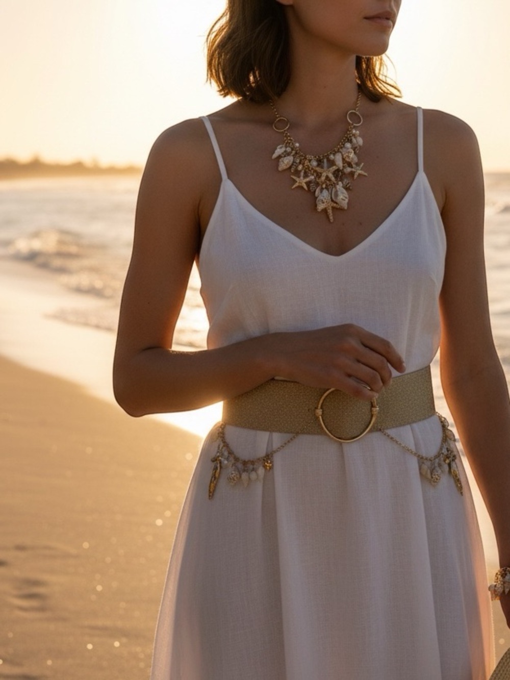 Gold belt upcycled with shell and pearl chain with matching necklace and brace